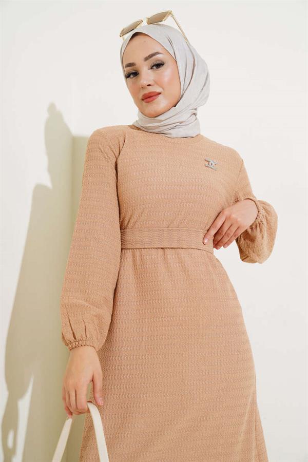 Waist Belted Flounce Dress Latte