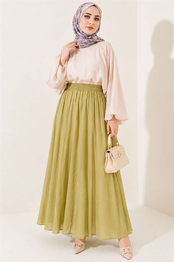 Basic Flared Skirt with Elastic Waist Detail, Light Green