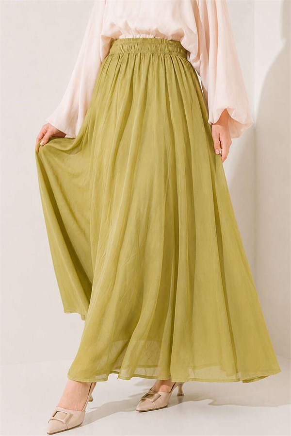 Basic Flared Skirt with Elastic Waist Detail, Light Green