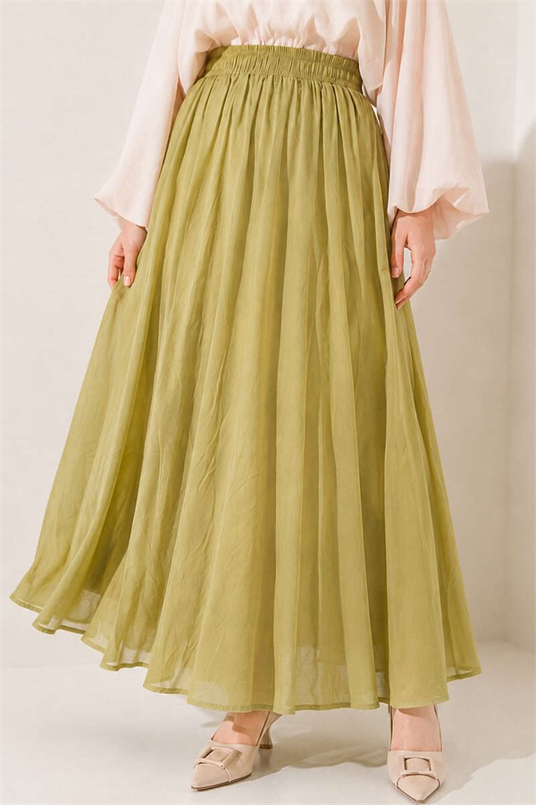 Basic Flared Skirt with Elastic Waist Detail, Light Green
