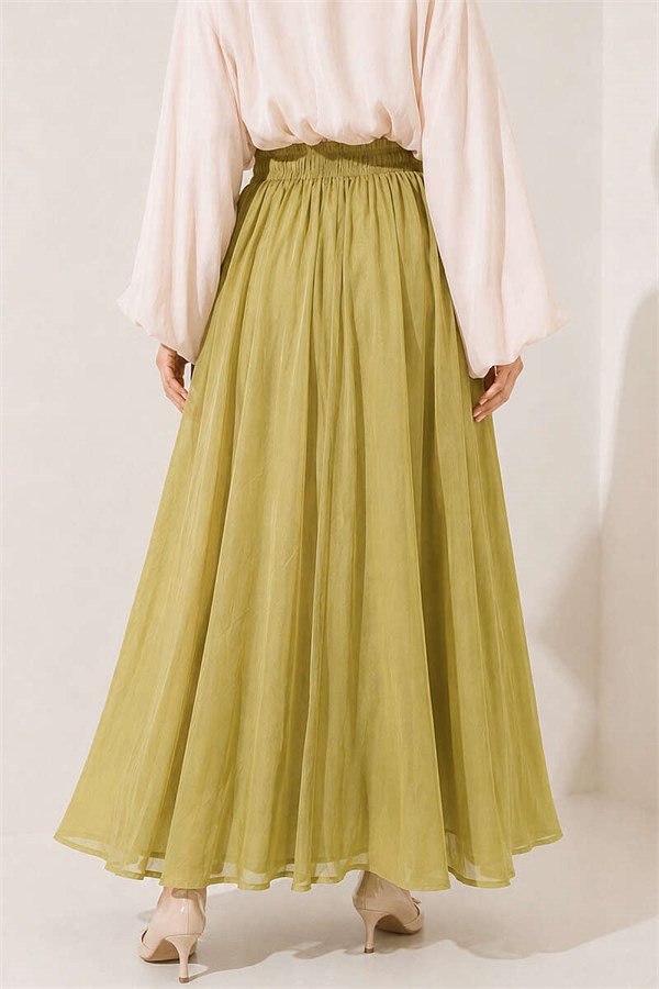 Basic Flared Skirt with Elastic Waist Detail, Light Green