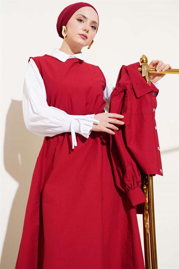 Waist Elastic Detailed Parachute Vest 2 Piece Set Claret Red