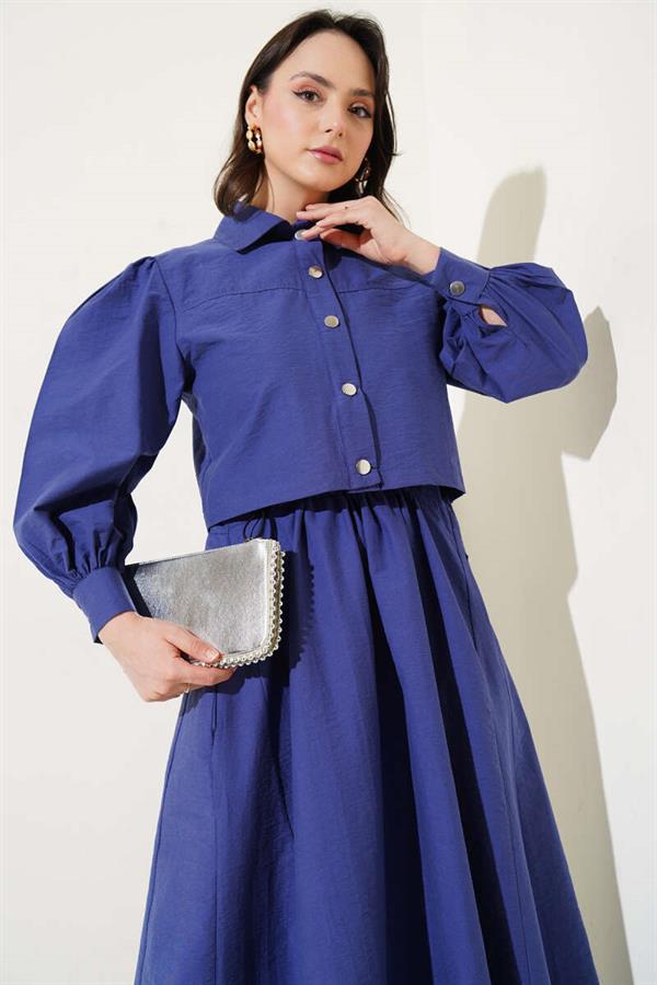 Waist Elastic Detailed Parachute Vest 2 Piece Set Indigo