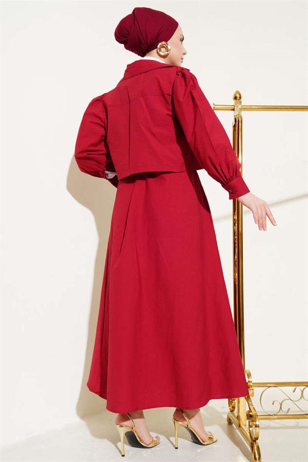 Waist Elastic Detailed Parachute Vest 2 Piece Set Claret Red