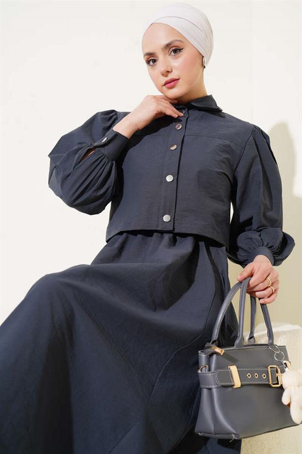 Waist Elastic Detailed Parachute Vest 2 Piece Set Smoke