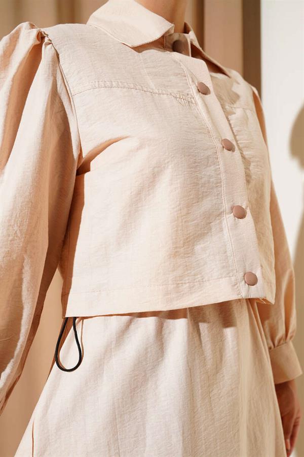 Waist Elastic Detailed Parachute Vest 2 Piece Set Beige