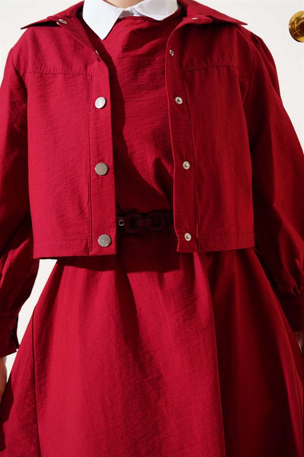 Waist Elastic Detailed Parachute Vest 2 Piece Set Claret Red