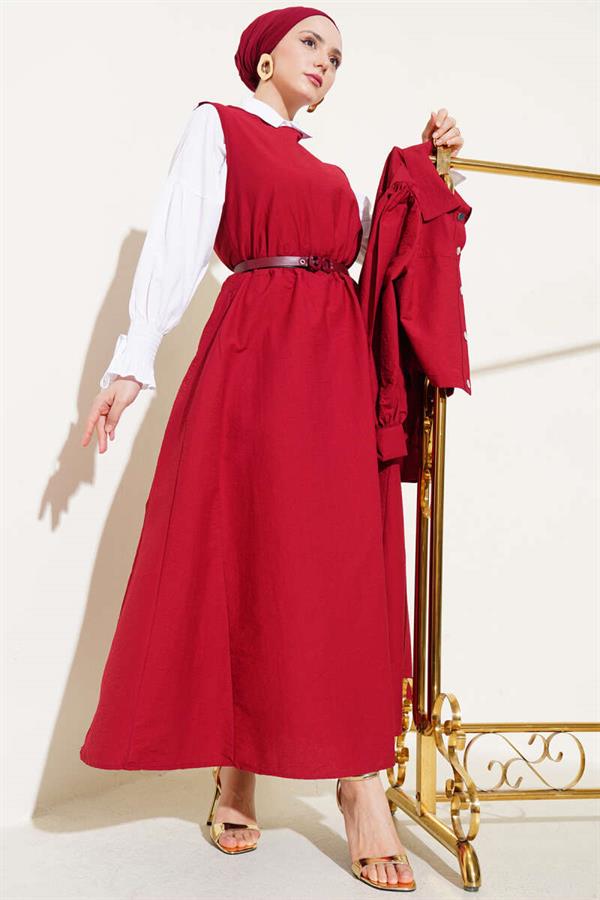 Waist Elastic Detailed Parachute Vest 2 Piece Set Claret Red