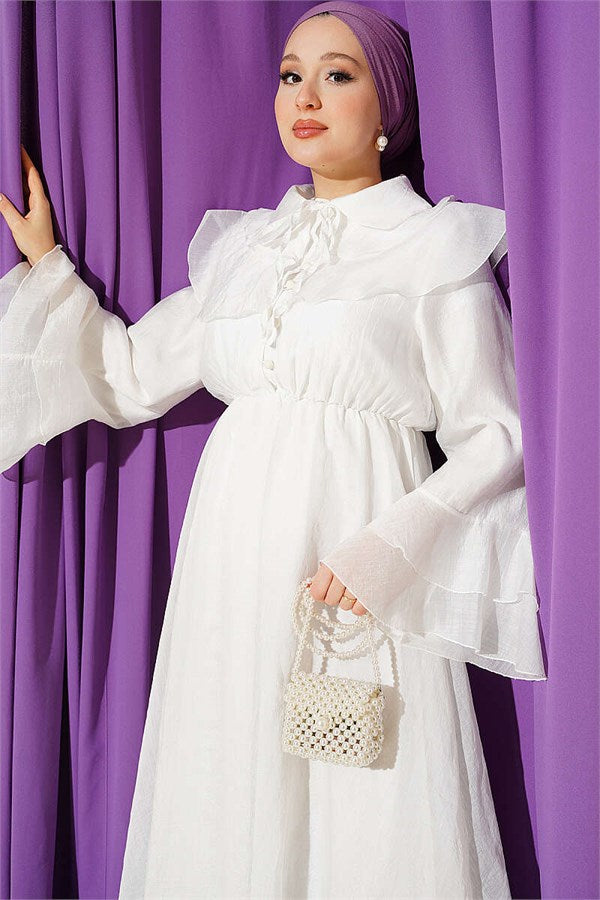 Cape Dress with Elastic Waist Detail, Ecru