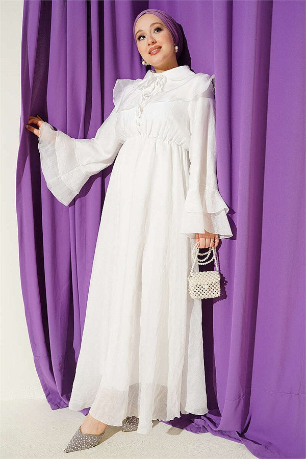 Cape Dress with Elastic Waist Detail, Ecru