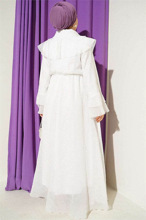 Cape Dress with Elastic Waist Detail, Ecru