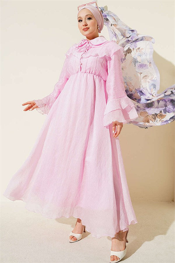 Pink Cape Dress with Elastic Waist Detail