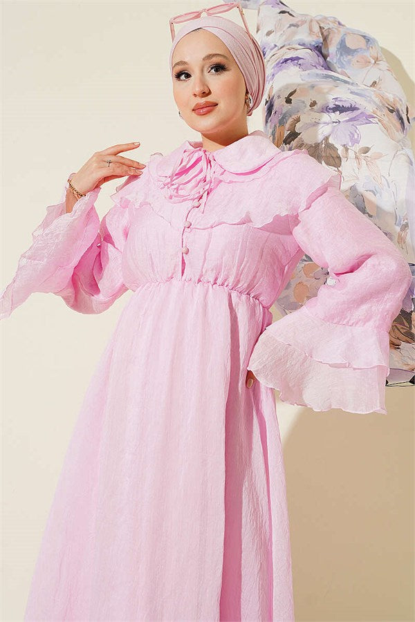Pink Cape Dress with Elastic Waist Detail
