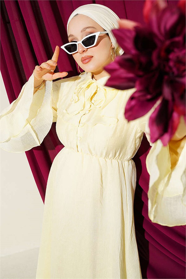 Yellow Cape Dress with Elastic Waist Detail