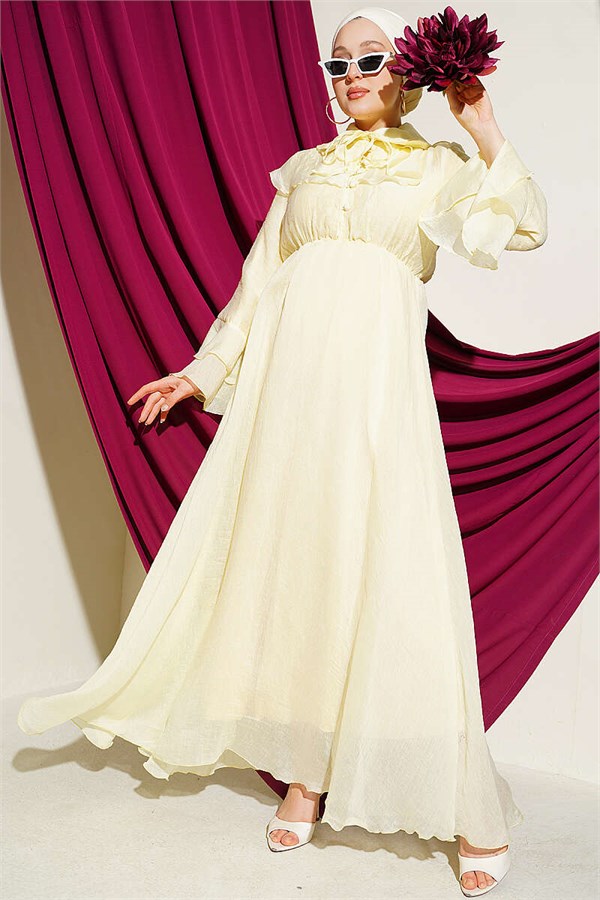 Yellow Cape Dress with Elastic Waist Detail