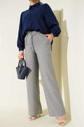 Wide Leg Trousers with Elastic Waistband and Drawstring, Grey