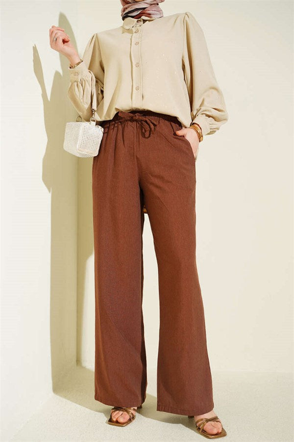 Wide Leg Trousers with Elastic Waistband and Drawstring, Brown
