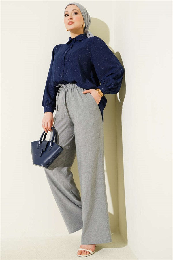 Wide Leg Trousers with Elastic Waistband and Drawstring, Grey