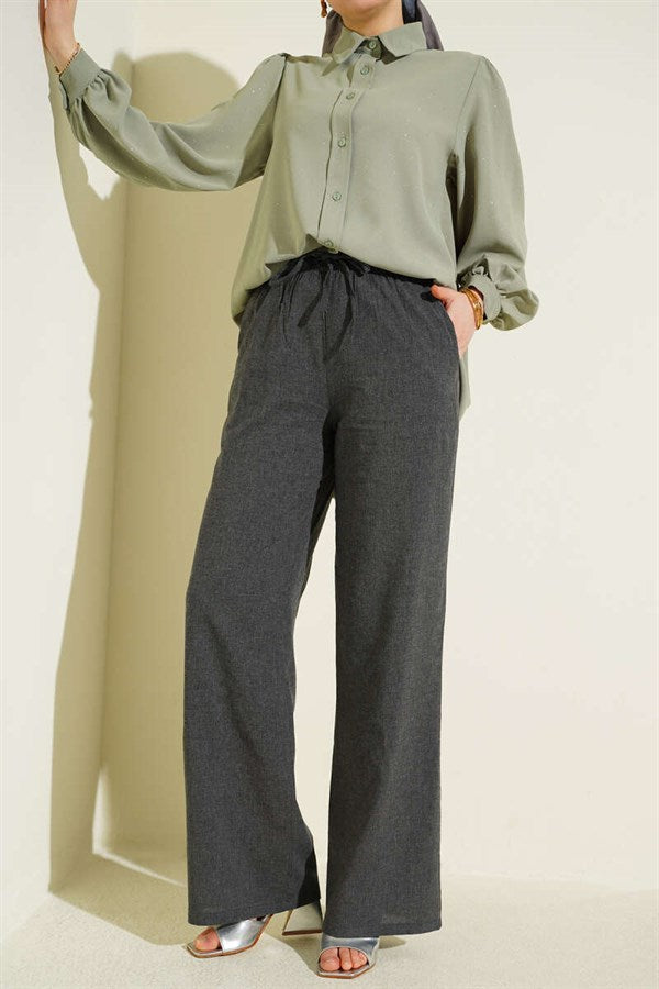 Wide Leg Trousers with Elastic Waistband and Drawstring, Anthracite