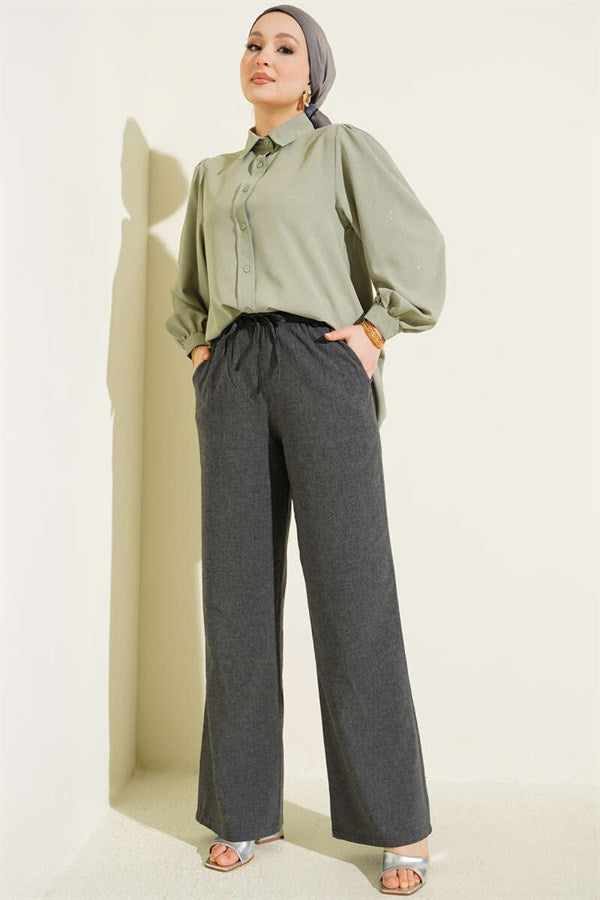 Wide Leg Trousers with Elastic Waistband and Drawstring, Anthracite