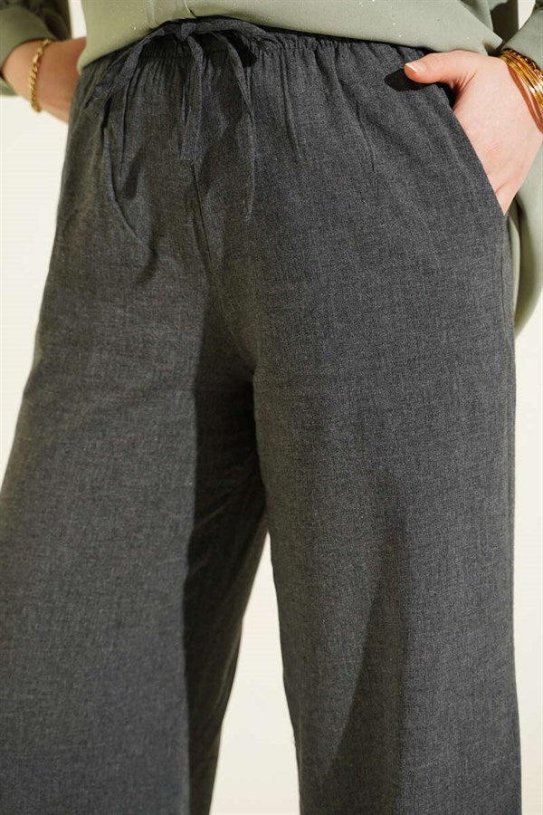 Wide Leg Trousers with Elastic Waistband and Drawstring, Anthracite