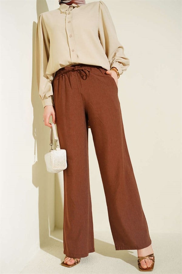 Wide Leg Trousers with Elastic Waistband and Drawstring, Brown