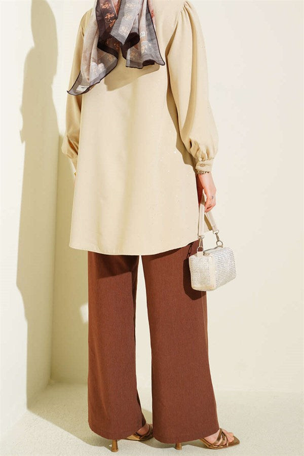 Wide Leg Trousers with Elastic Waistband and Drawstring, Brown