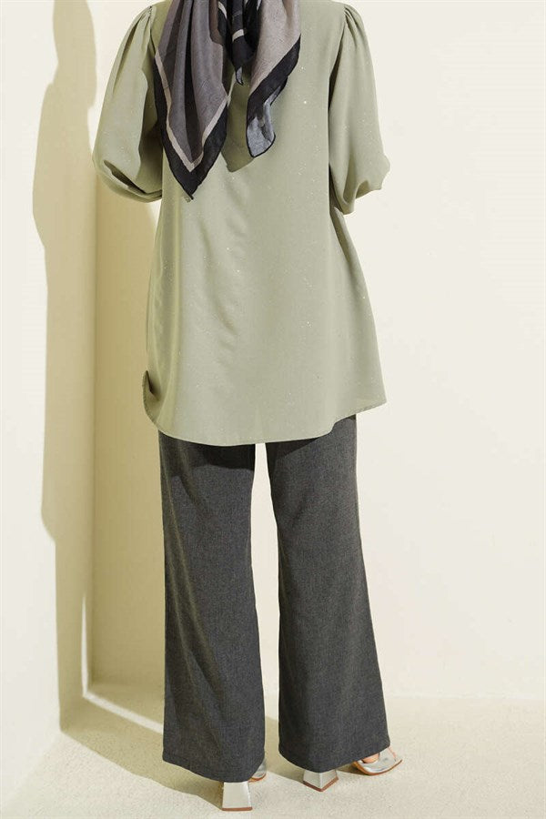 Wide Leg Trousers with Elastic Waistband and Drawstring, Anthracite