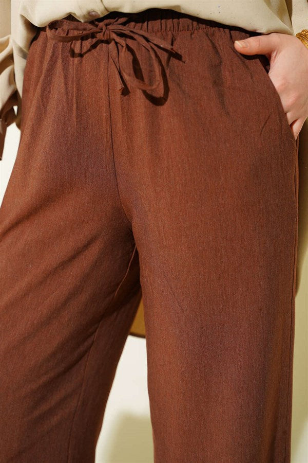Wide Leg Trousers with Elastic Waistband and Drawstring, Brown