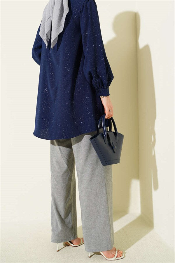 Wide Leg Trousers with Elastic Waistband and Drawstring, Grey