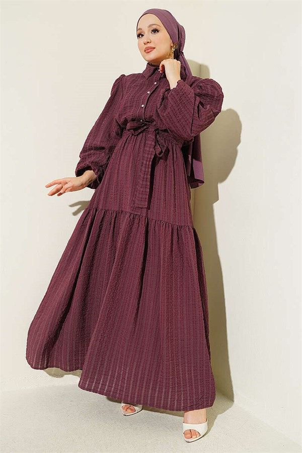 Elastic Waist Balloon Sleeve Waffle Dress in Plum