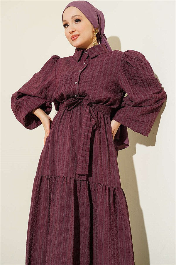 Elastic Waist Balloon Sleeve Waffle Dress in Plum