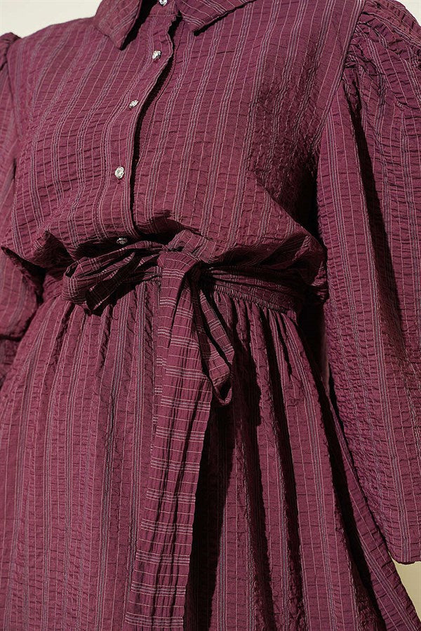 Elastic Waist Balloon Sleeve Waffle Dress in Plum