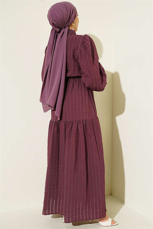 Elastic Waist Balloon Sleeve Waffle Dress in Plum