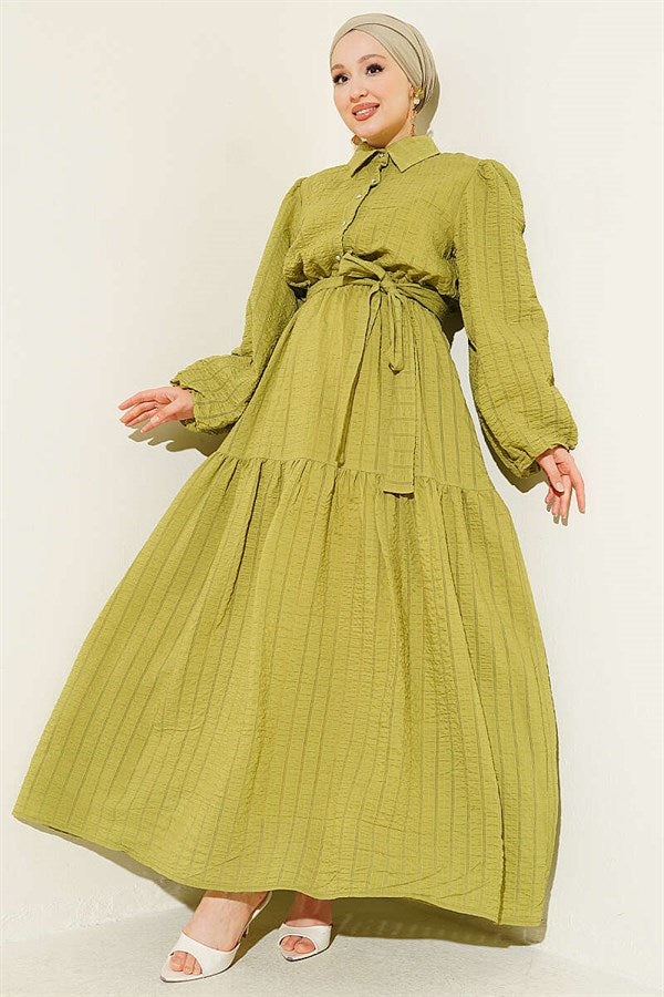 Elastic Waist Balloon Sleeve Waffle Dress in Olive Green