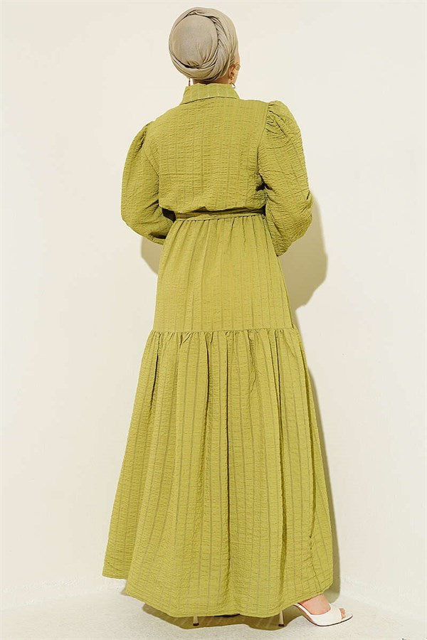 Elastic Waist Balloon Sleeve Waffle Dress in Olive Green