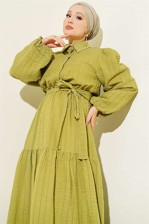 Elastic Waist Balloon Sleeve Waffle Dress in Olive Green