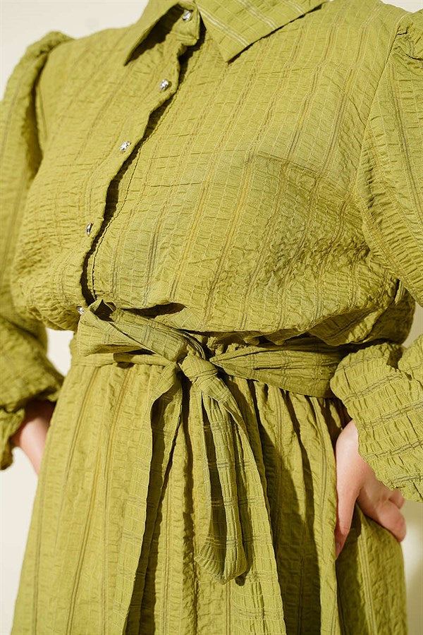 Elastic Waist Balloon Sleeve Waffle Dress in Olive Green