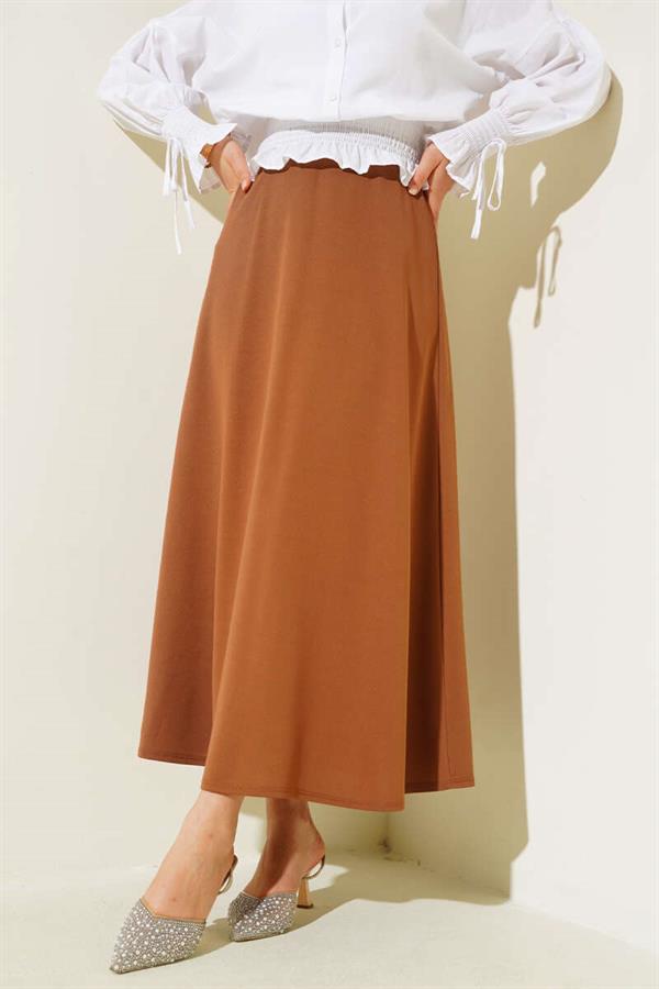 Basic Bell Skirt with Elastic Waist in Tan