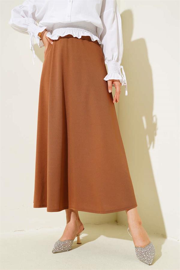Basic Bell Skirt with Elastic Waist in Tan