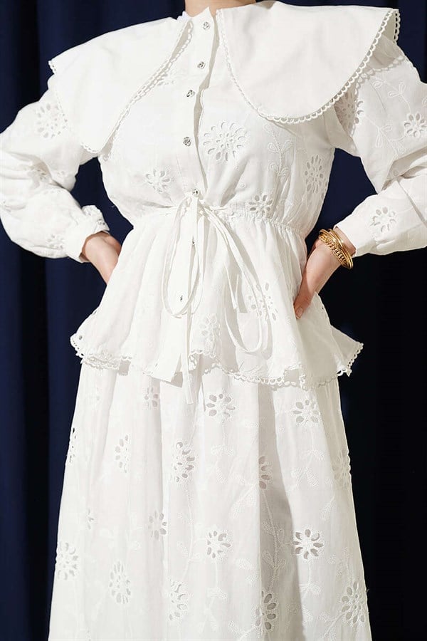 White 2 Piece Set with Elastic Waist, Peter Pan Collar, and Embroidered Skirt