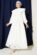White 2 Piece Set with Elastic Waist, Peter Pan Collar, and Embroidered Skirt