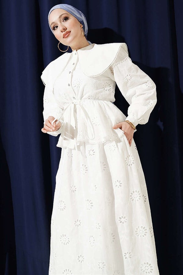 White 2 Piece Set with Elastic Waist, Peter Pan Collar, and Embroidered Skirt