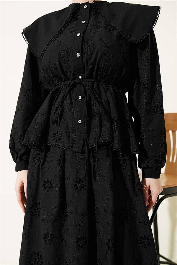 Black 2 Piece Set with Elastic Waist, Peter Pan Collar, and Embroidered Skirt