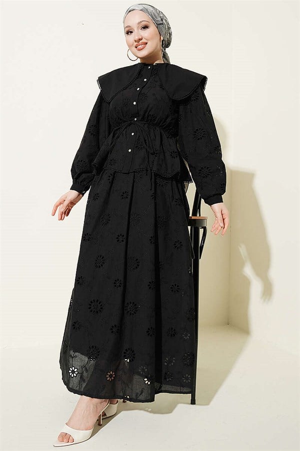Black 2 Piece Set with Elastic Waist, Peter Pan Collar, and Embroidered Skirt
