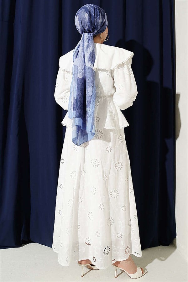 White 2 Piece Set with Elastic Waist, Peter Pan Collar, and Embroidered Skirt