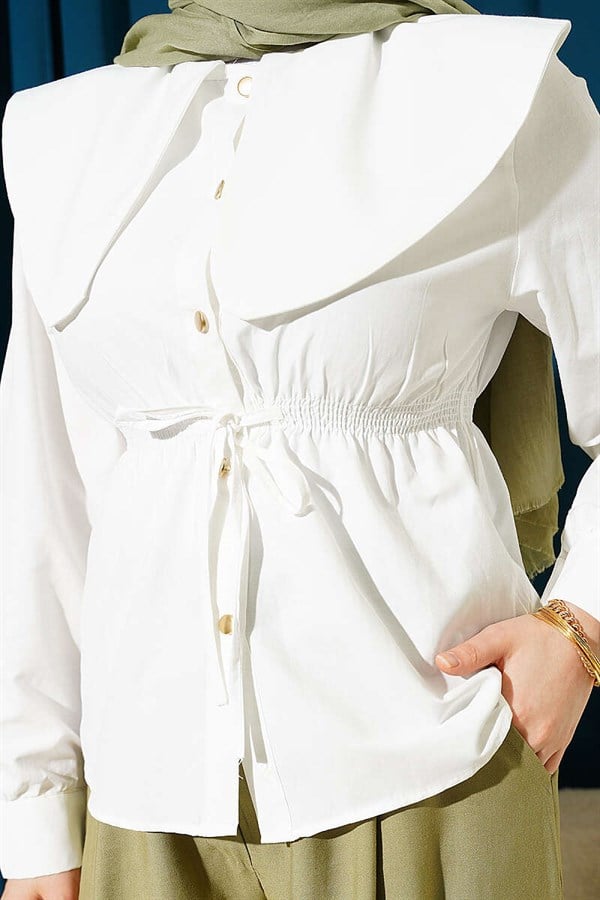 Short Shirt with Elastic Waist and Peter Pan Collar, Ecru