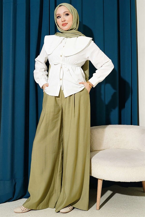 Short Shirt with Elastic Waist and Peter Pan Collar, Ecru