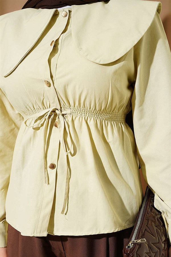 Short Shirt with Elastic Waist and Peter Pan Collar, Navy Blue