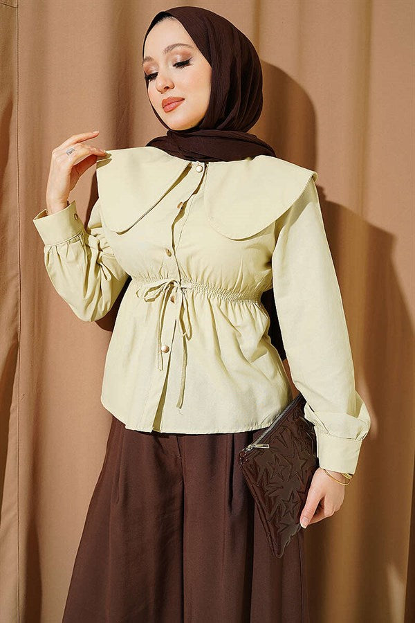 Short Shirt with Elastic Waist and Peter Pan Collar, Navy Blue